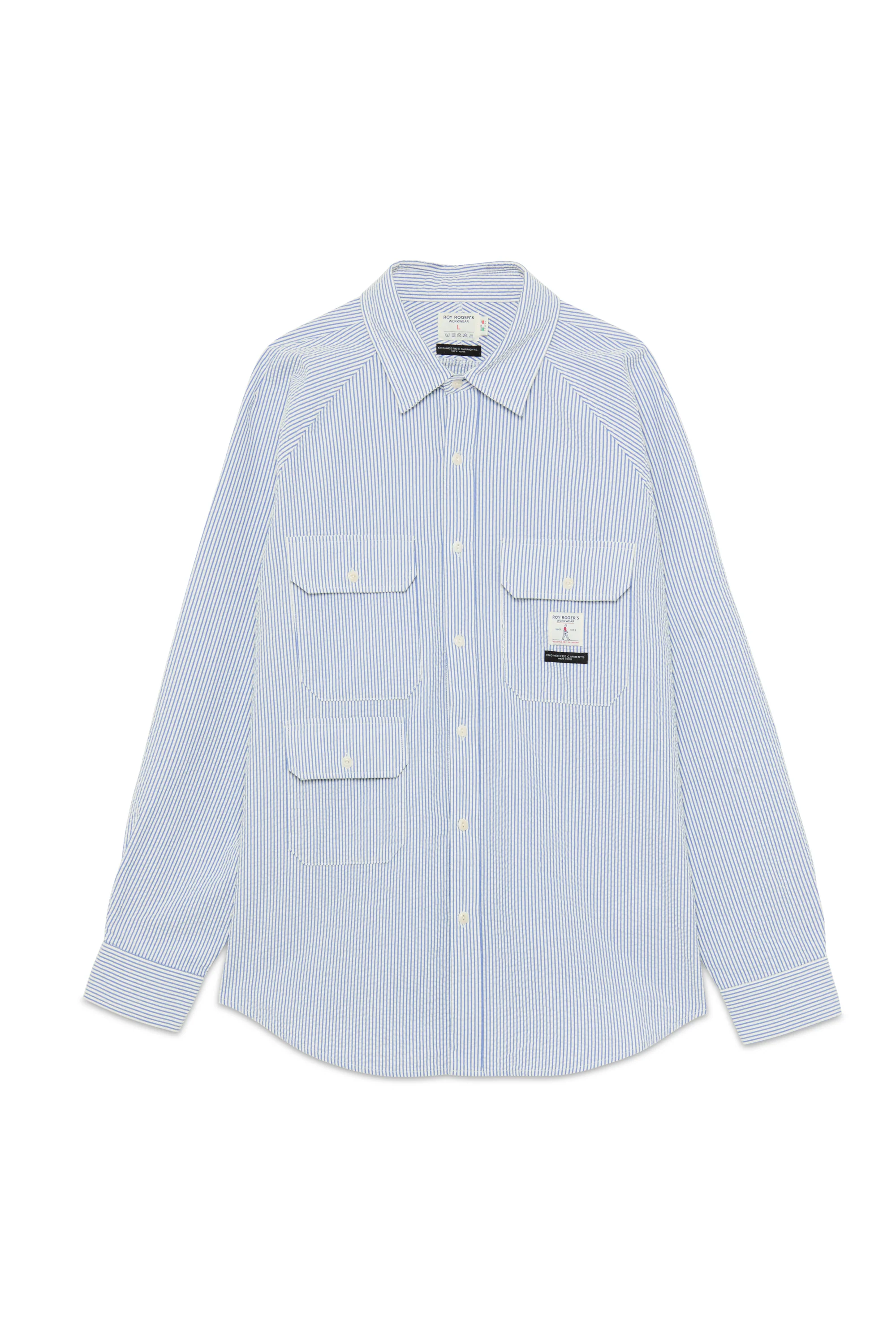 EG x Roy Roger's Workwear- Raglan Shirt - Off White/Sky Washed Seersucker