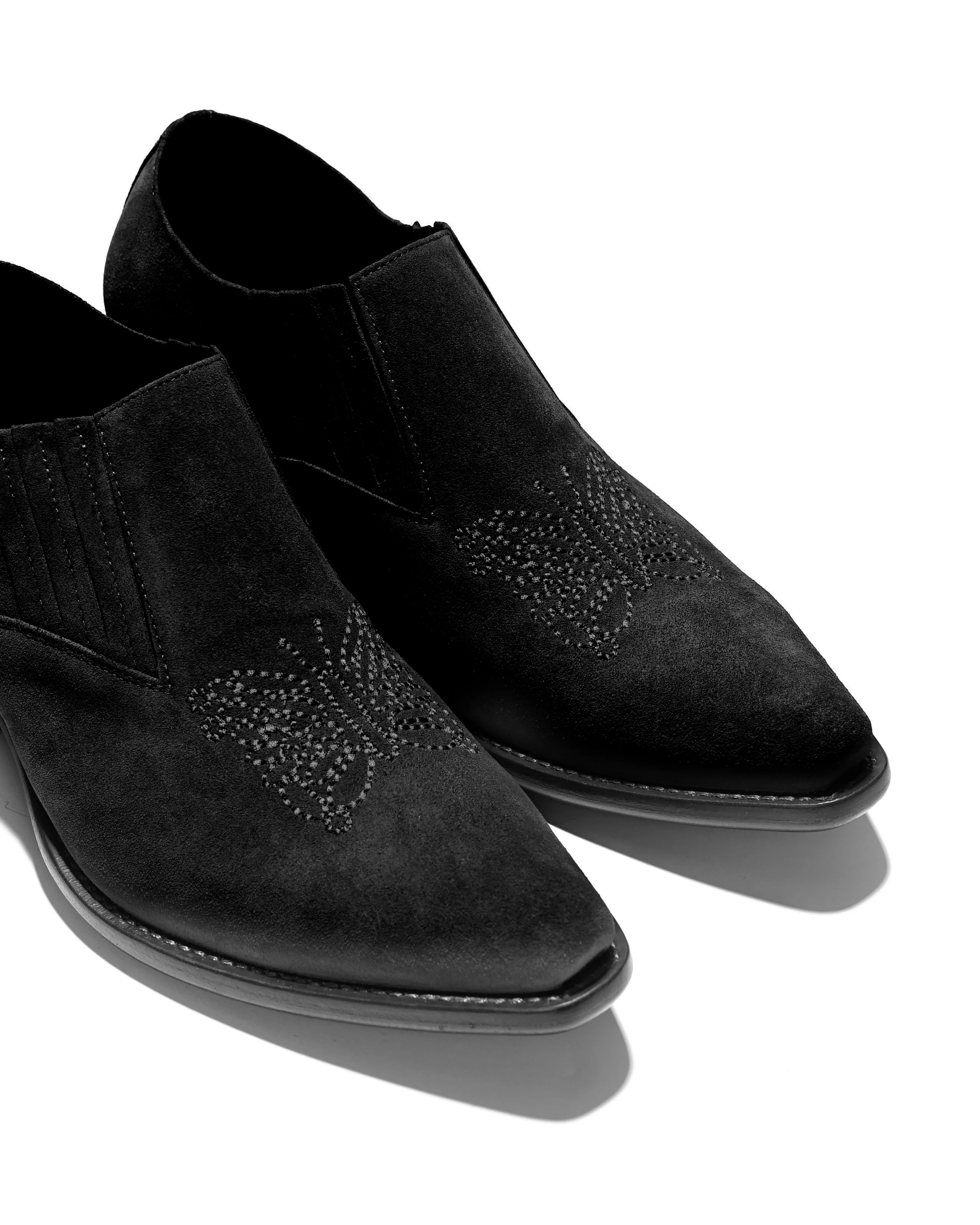 Heeled Papillon Stitched Cowboy Shoe - Black Suede - Image 4