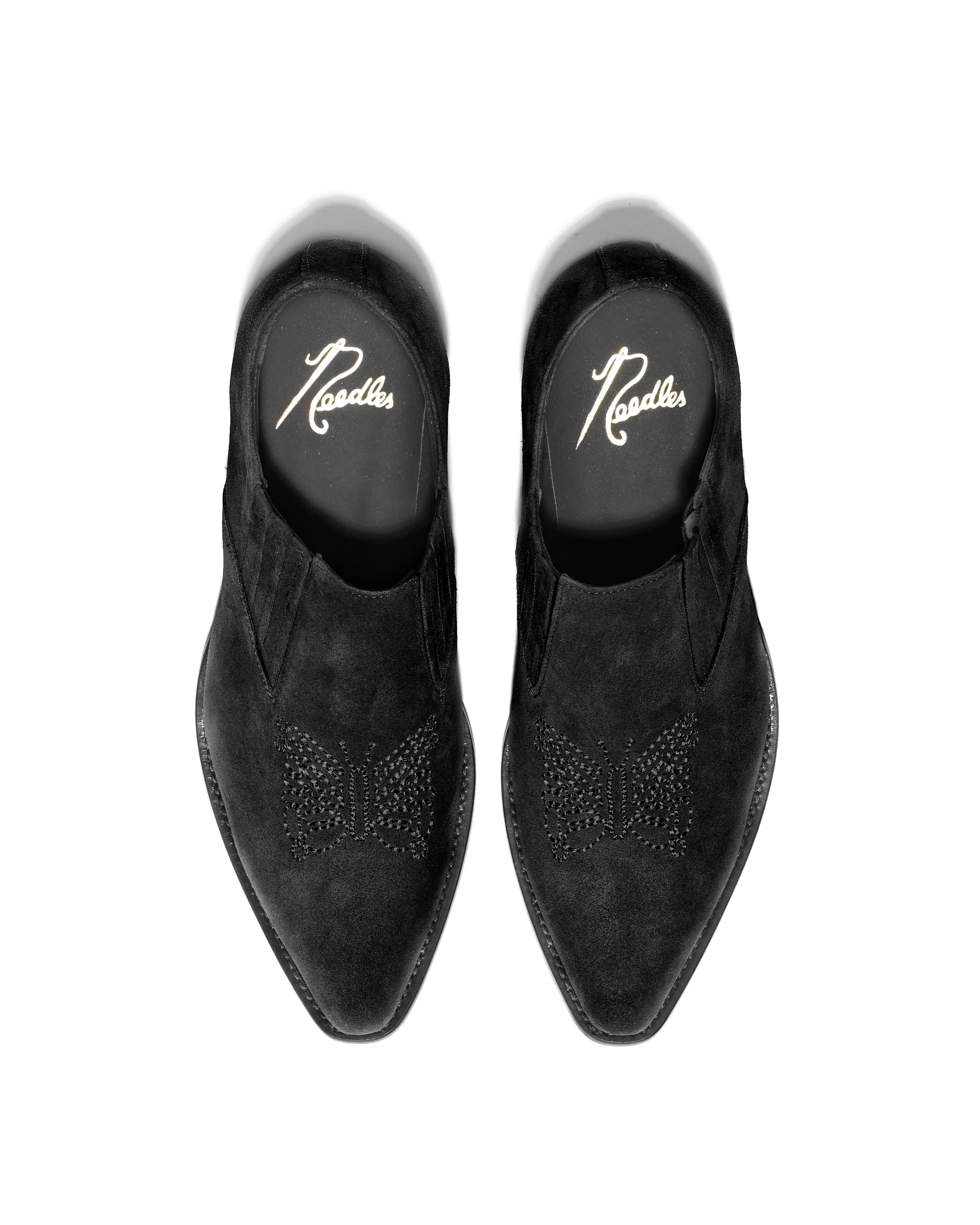 Heeled Papillon Stitched Cowboy Shoe - Black Suede - Image 5