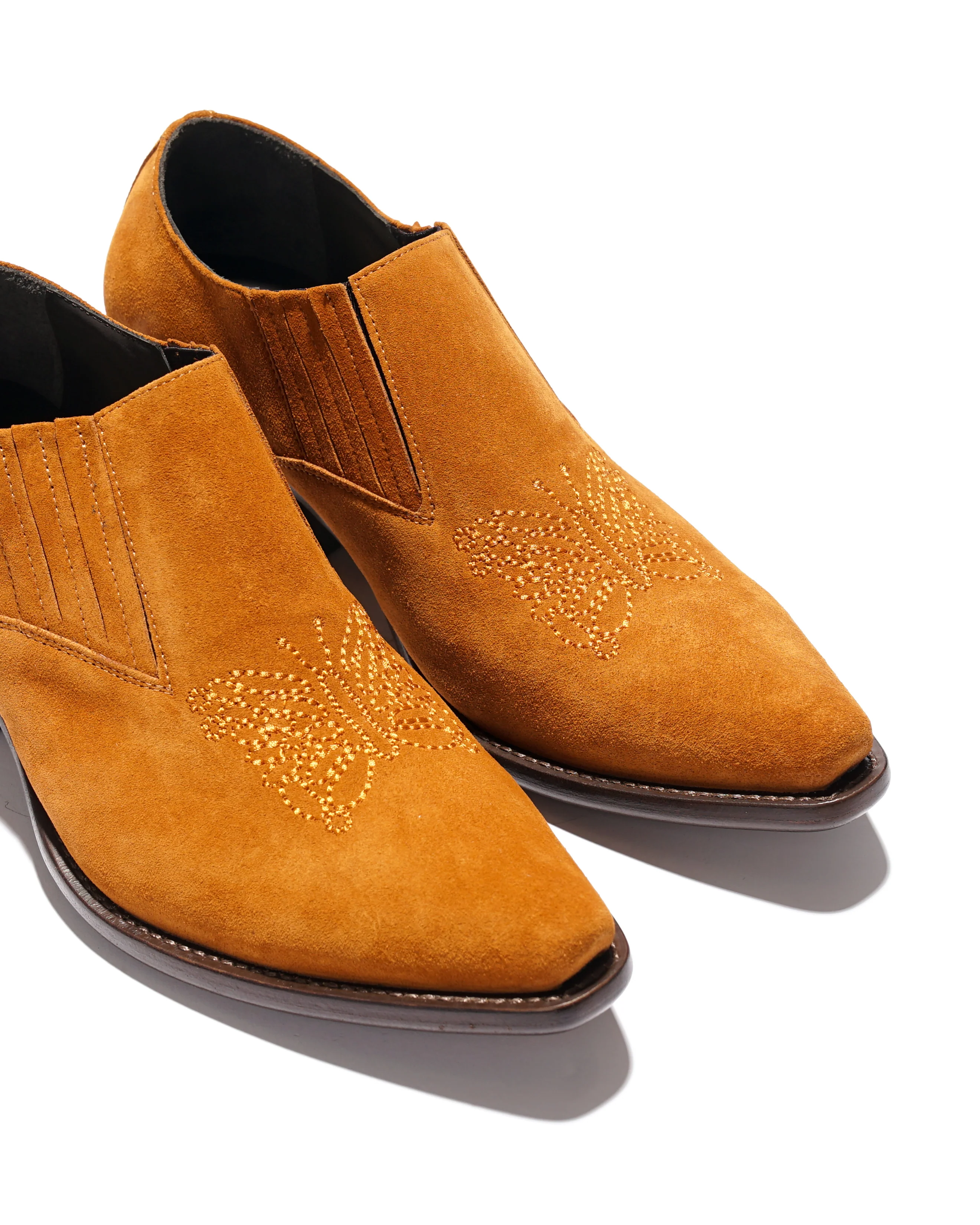 Heeled Papillon Stitched Cowboy Shoe - Brown Suede - Image 4