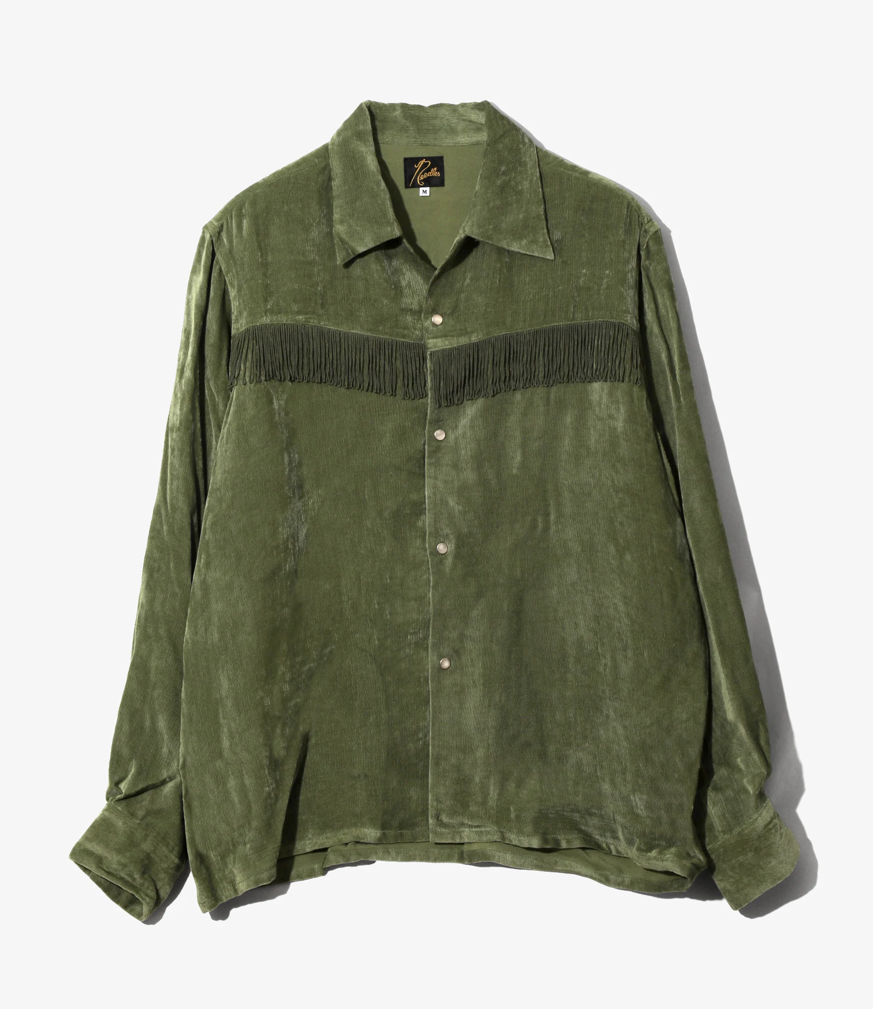 Fringe Open Collar Shirt - Green - Rayon Corduroy