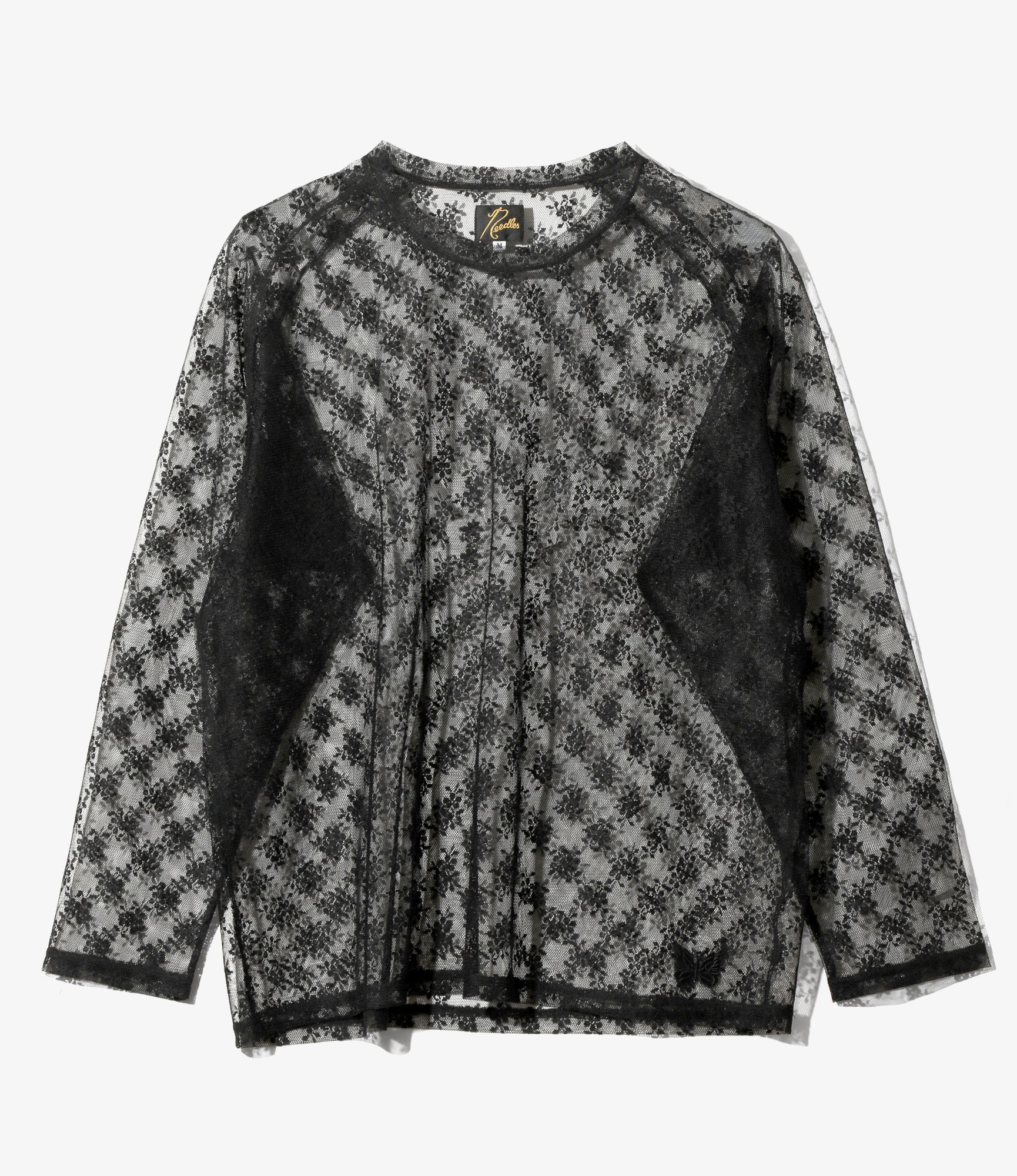 L/S U-Neck Tee - Black - Floral Raschel Lace