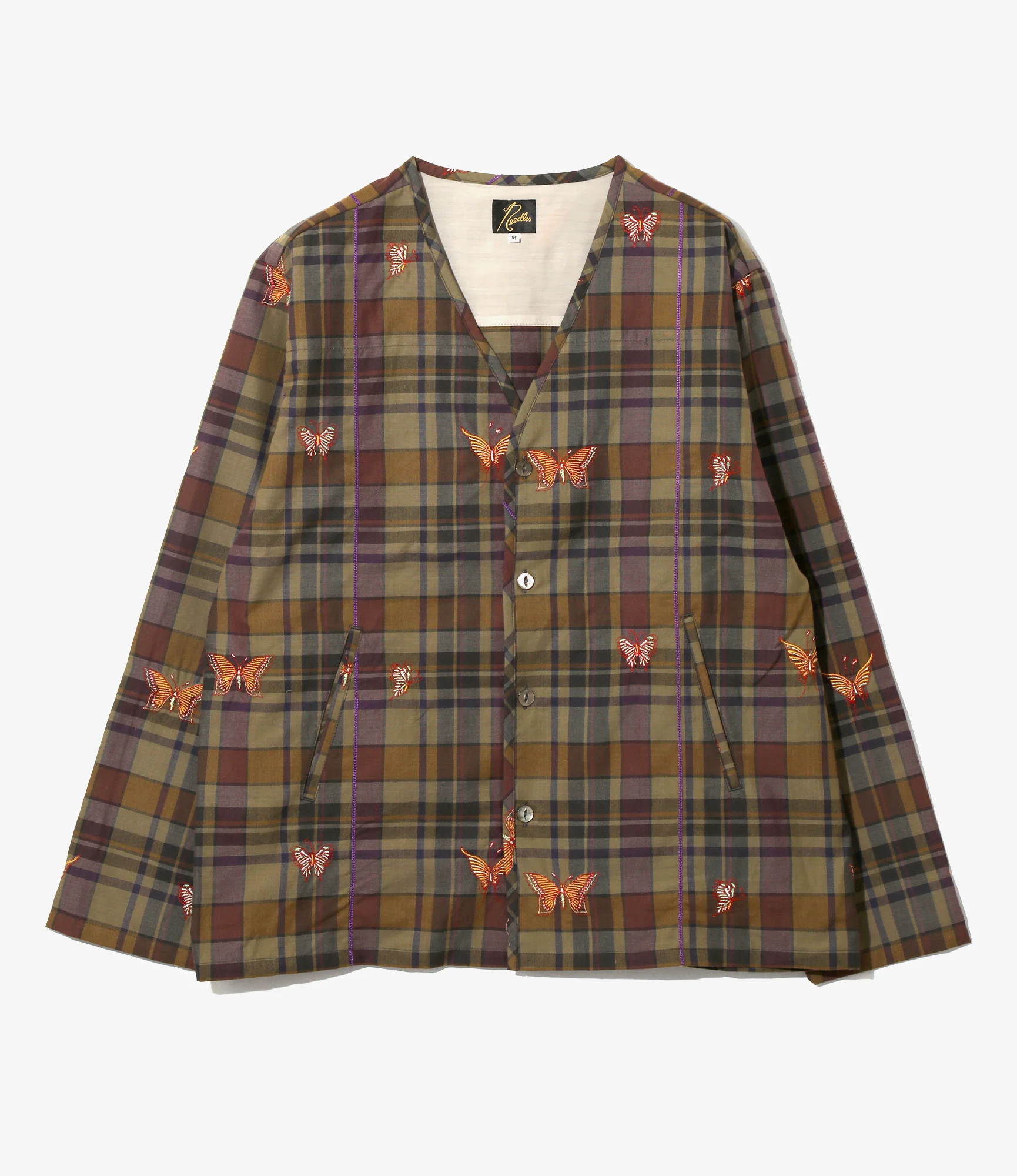 V-Neck Cardigan - Brown - Embroidered Madras Plaid
