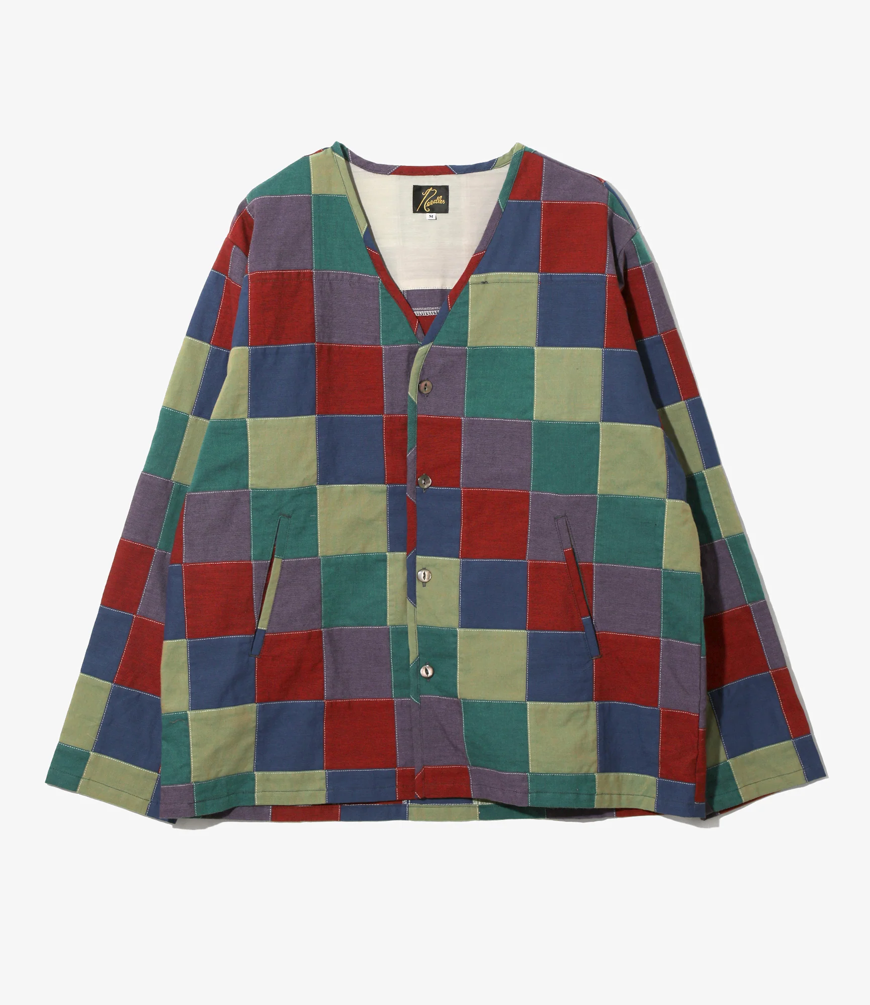 V-Neck Cardigan - Navy/Red - Cotton Oxford Patchwork