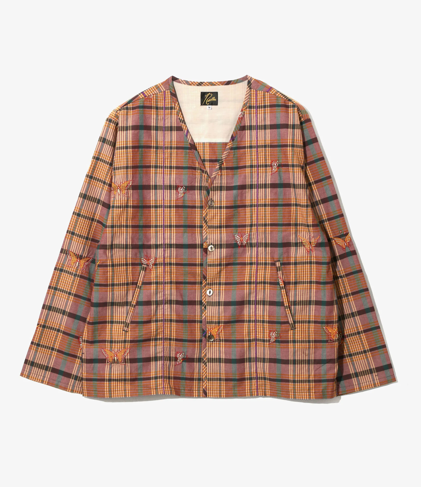 V-Neck Cardigan - Yellow - Embroidered Madras Plaid
