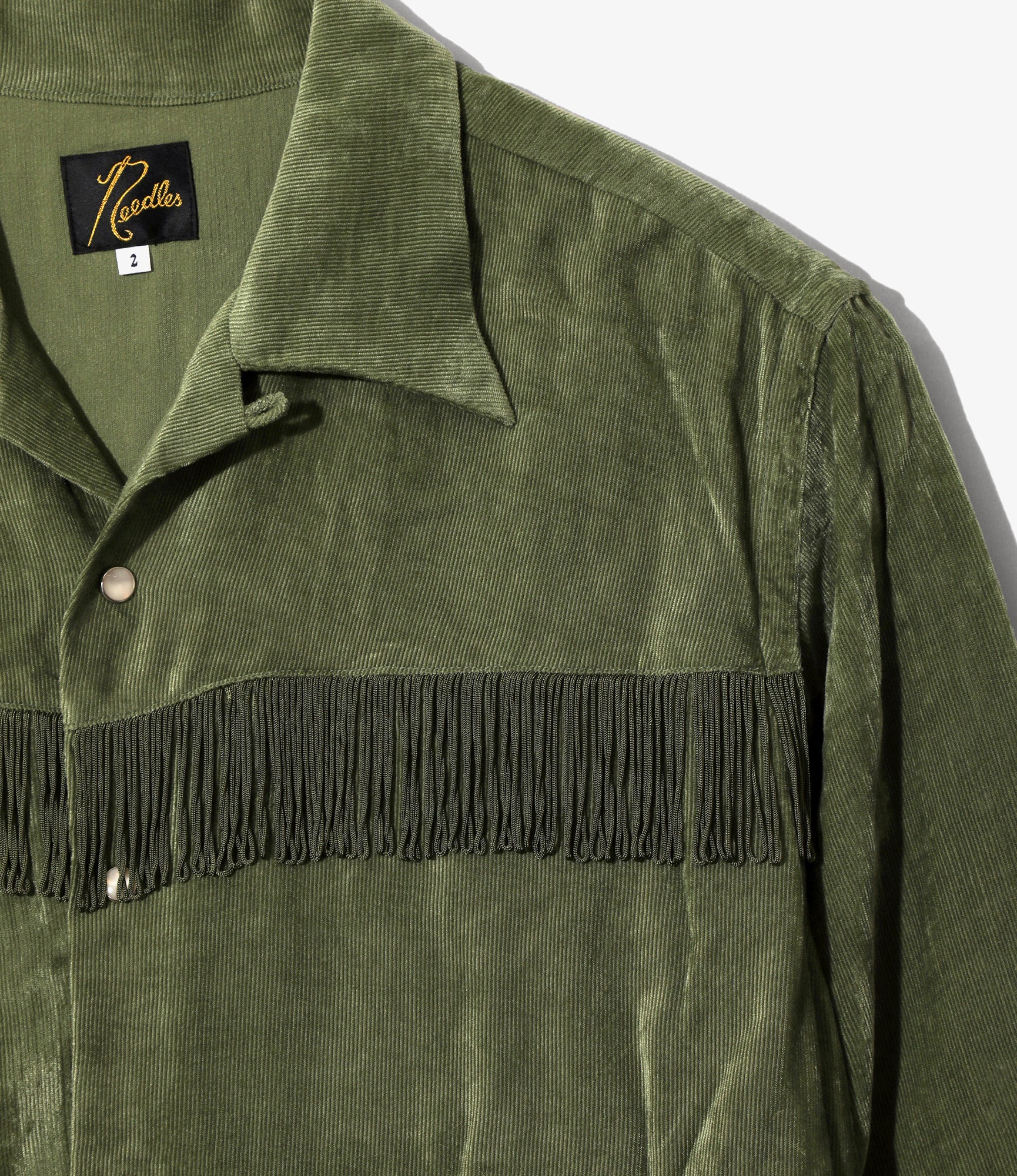 Women's Fringe Open Collar Shirt Dress - Green - Rayon Corduroy - Image 2