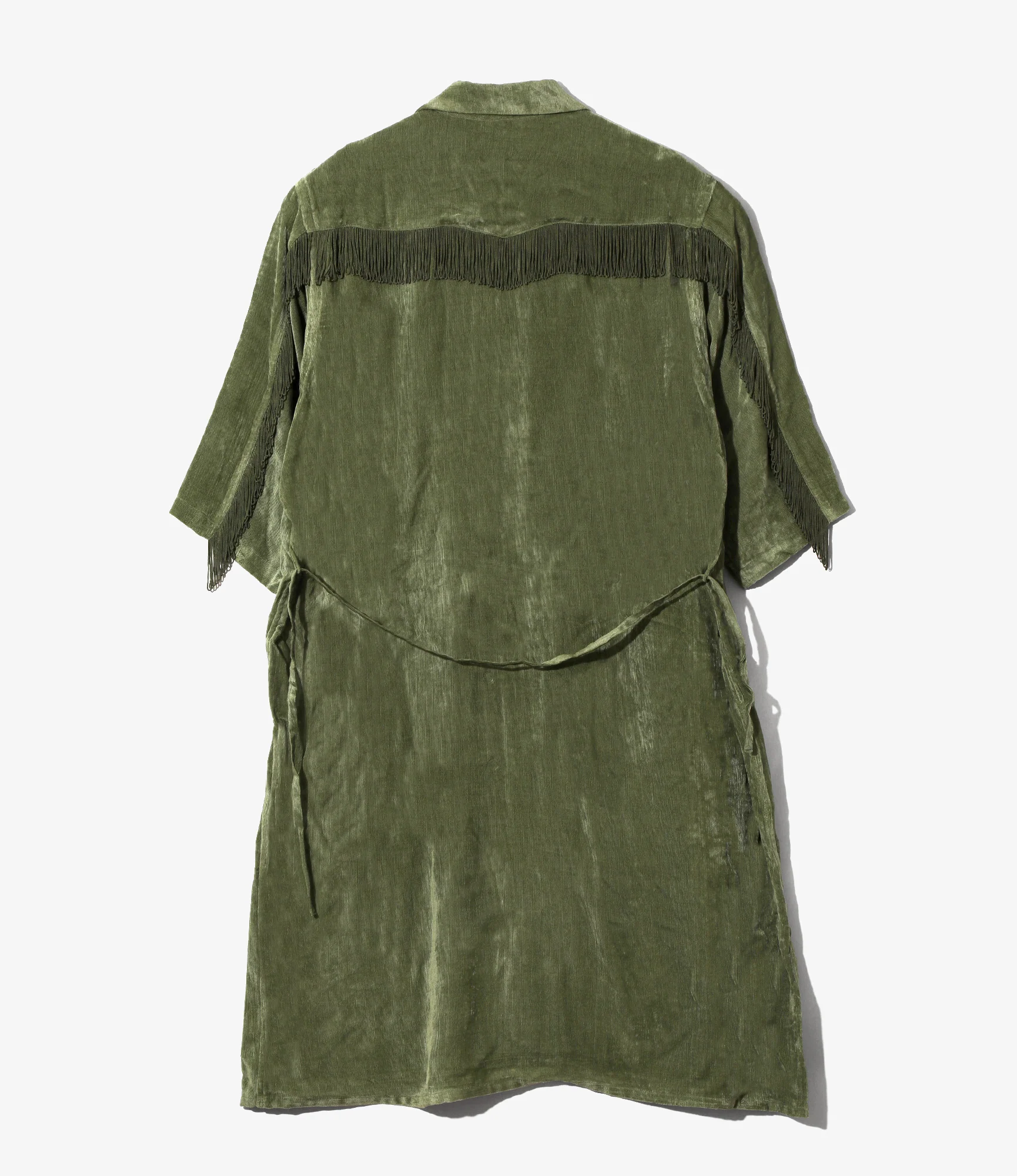 Women's Fringe Open Collar Shirt Dress - Green - Rayon Corduroy - Image 3