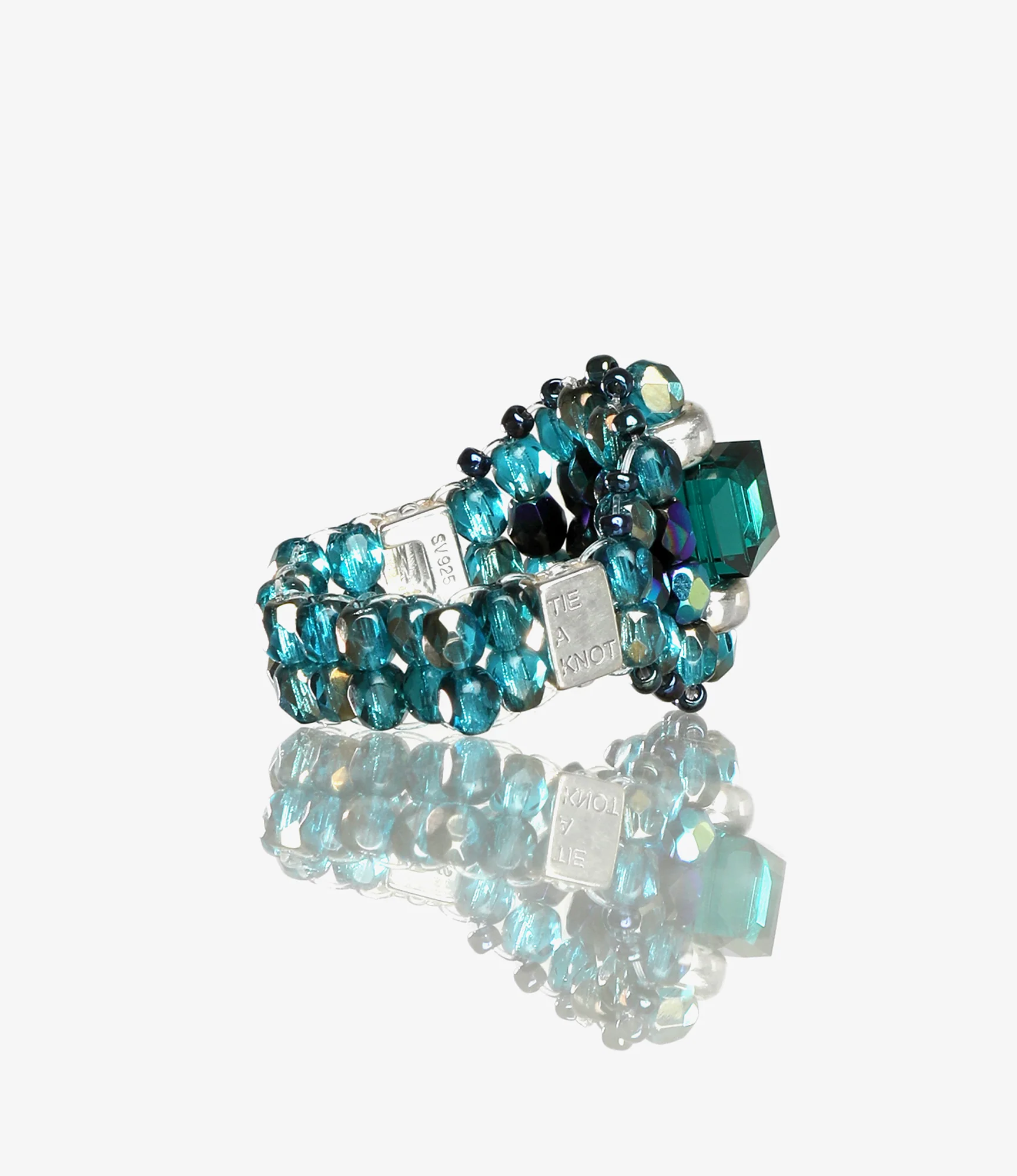 Needles x Tie A Knot - Square Crystal Beads Ring - Green x Blue - Image 3