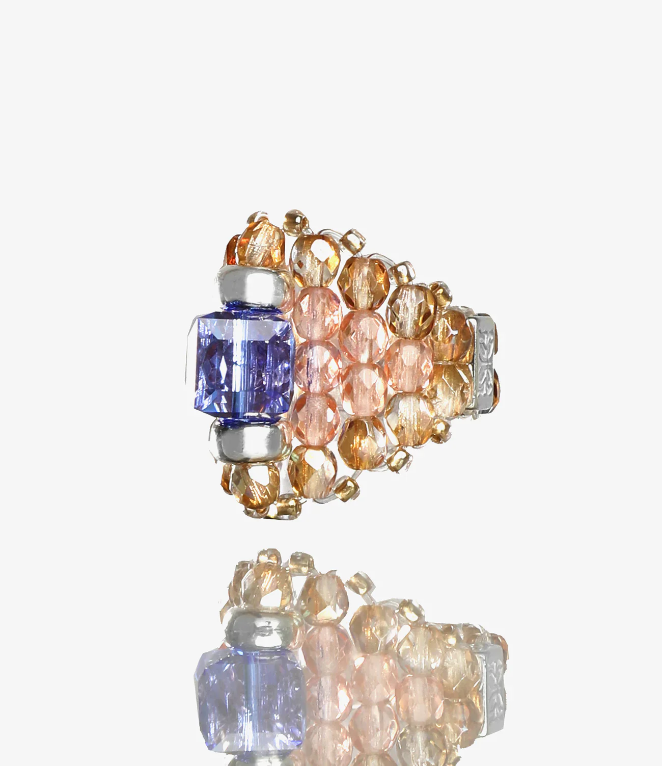 Needles x Tie A Knot - Square Crystal Beads Ring - Blue/Clear Beige