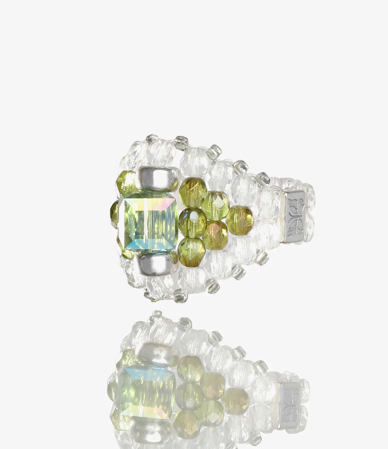 Needles x Tie A Knot - Square Crystal Beads Ring - Green/Clear