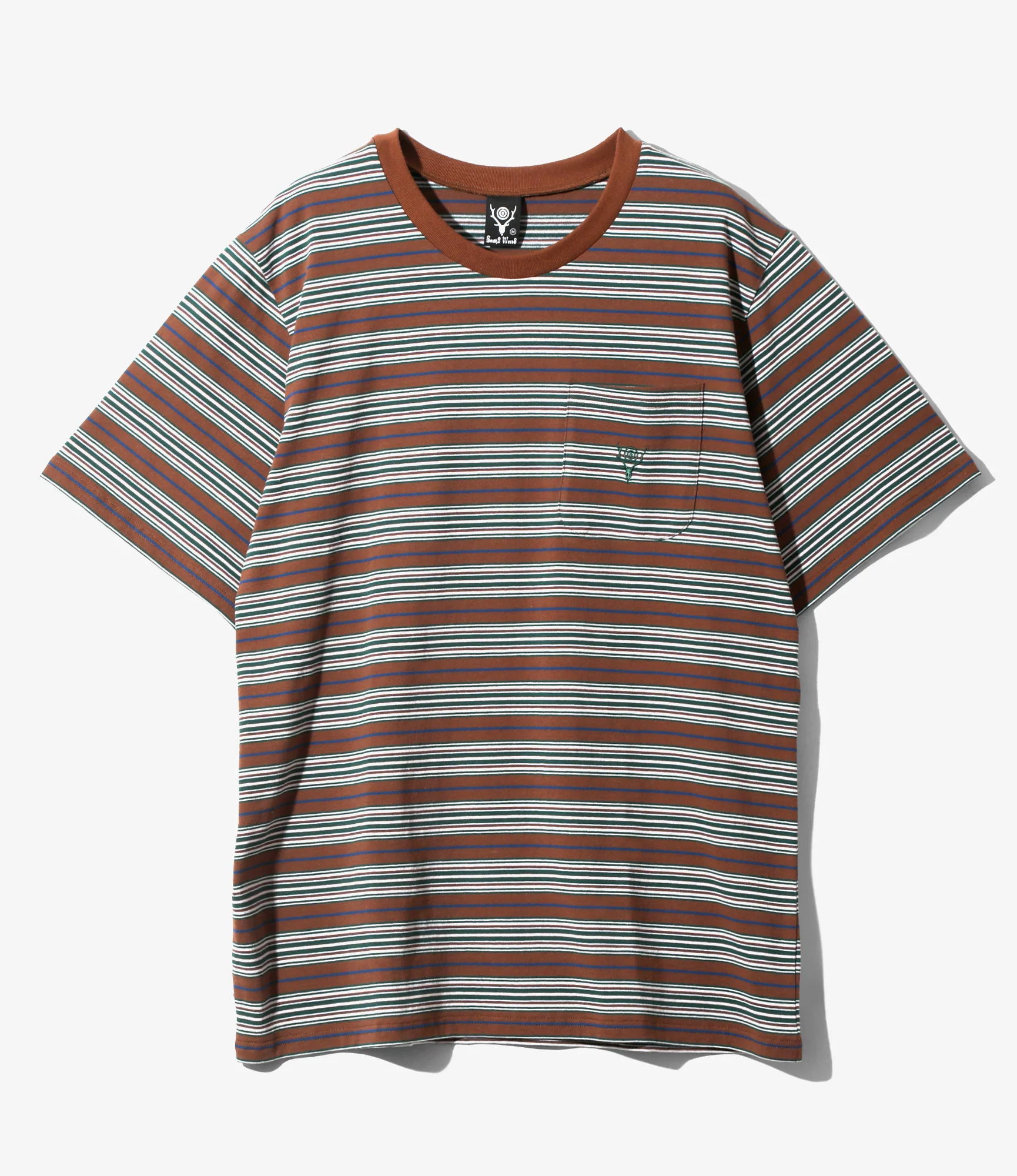 S/S Round Pocket Tee - Brown - Cotton Multi Wide Stripe Jersey
