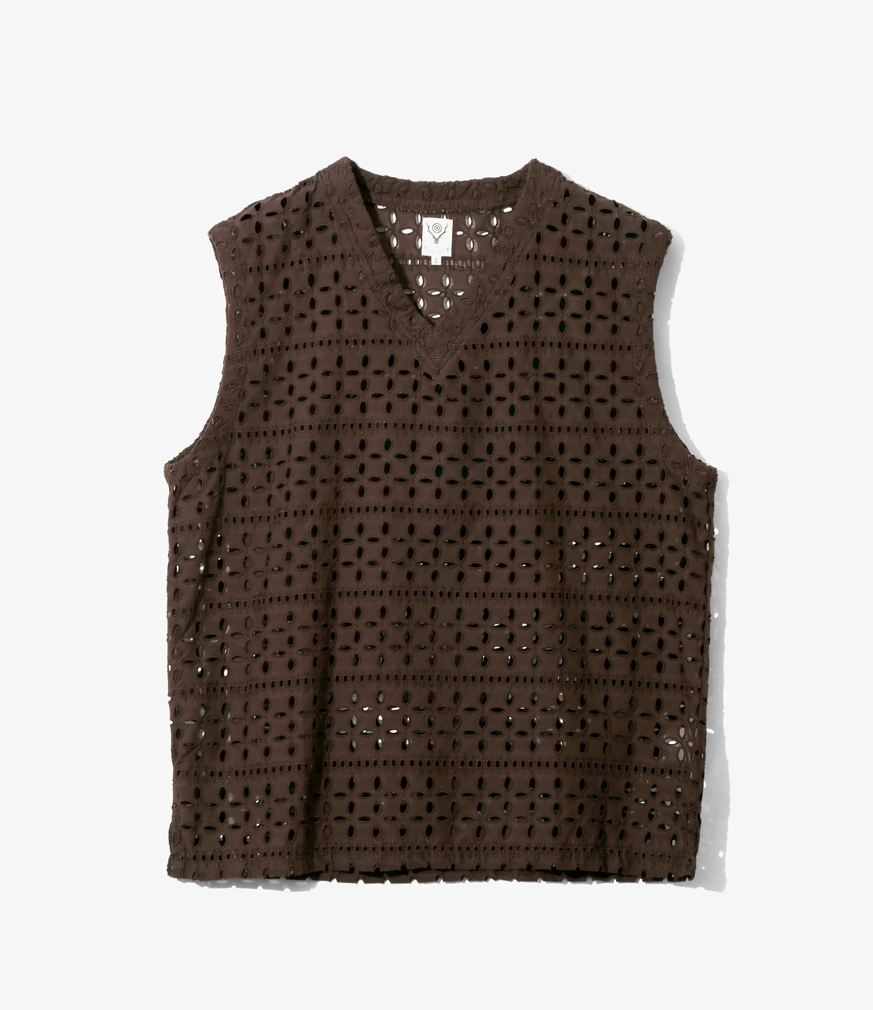 Women's Sleeveless V Neck Shirt - Dk.Brown - Cutwork Embroidery