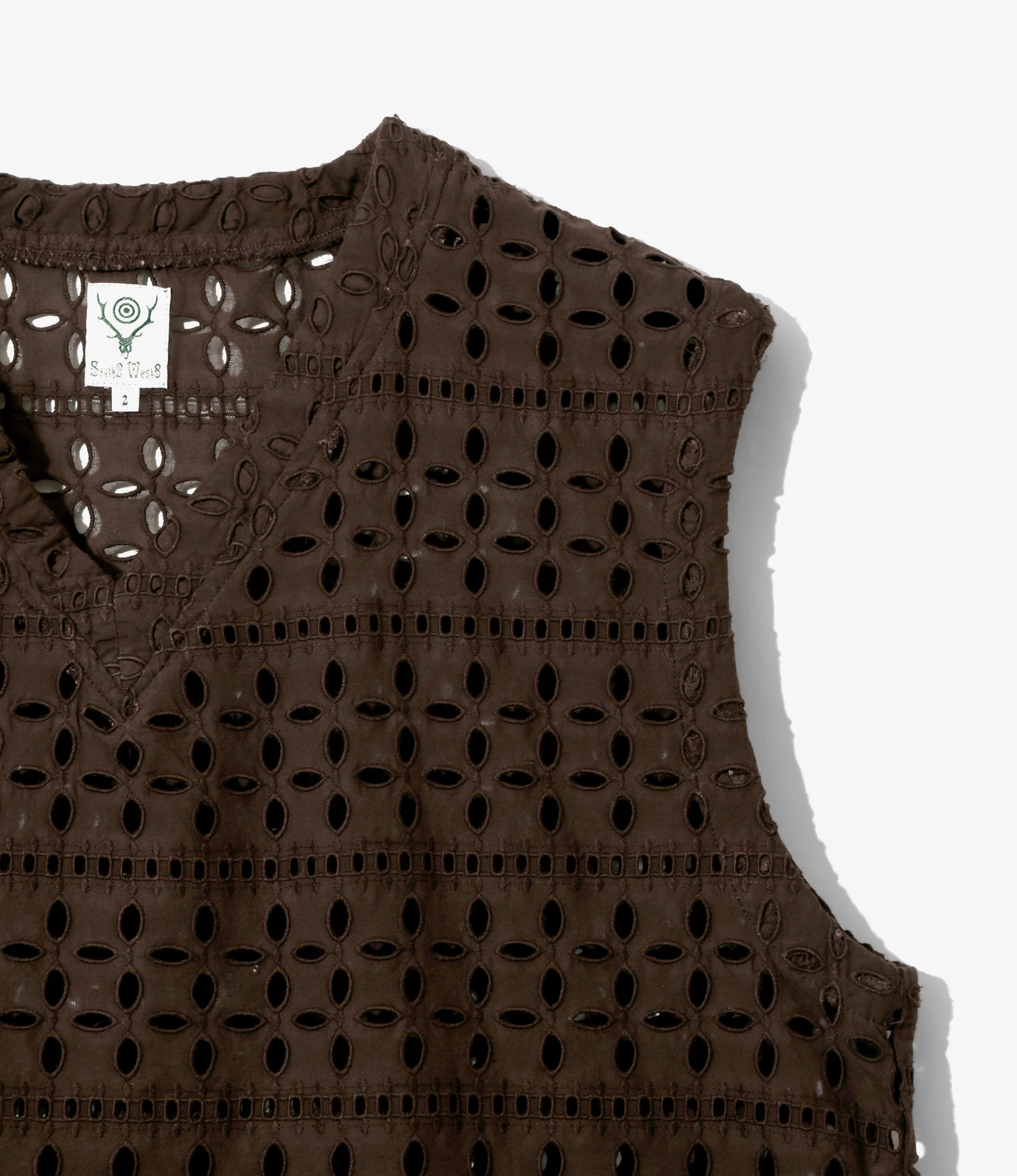 Women's Sleeveless V Neck Shirt - Dk.Brown - Cutwork Embroidery - Image 2