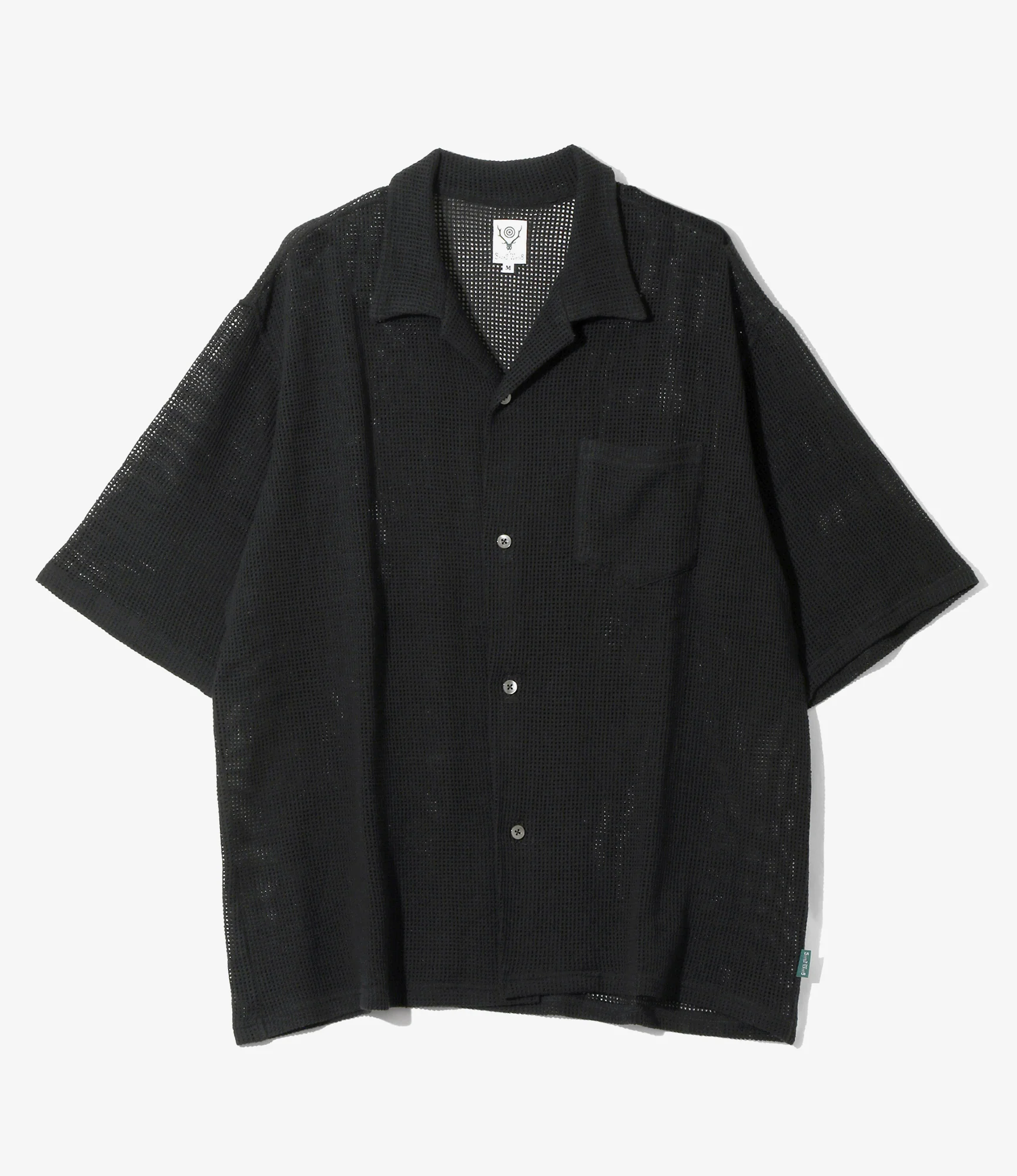 Women's S/S Open Collar Shirt - Black - Cotton Mesh