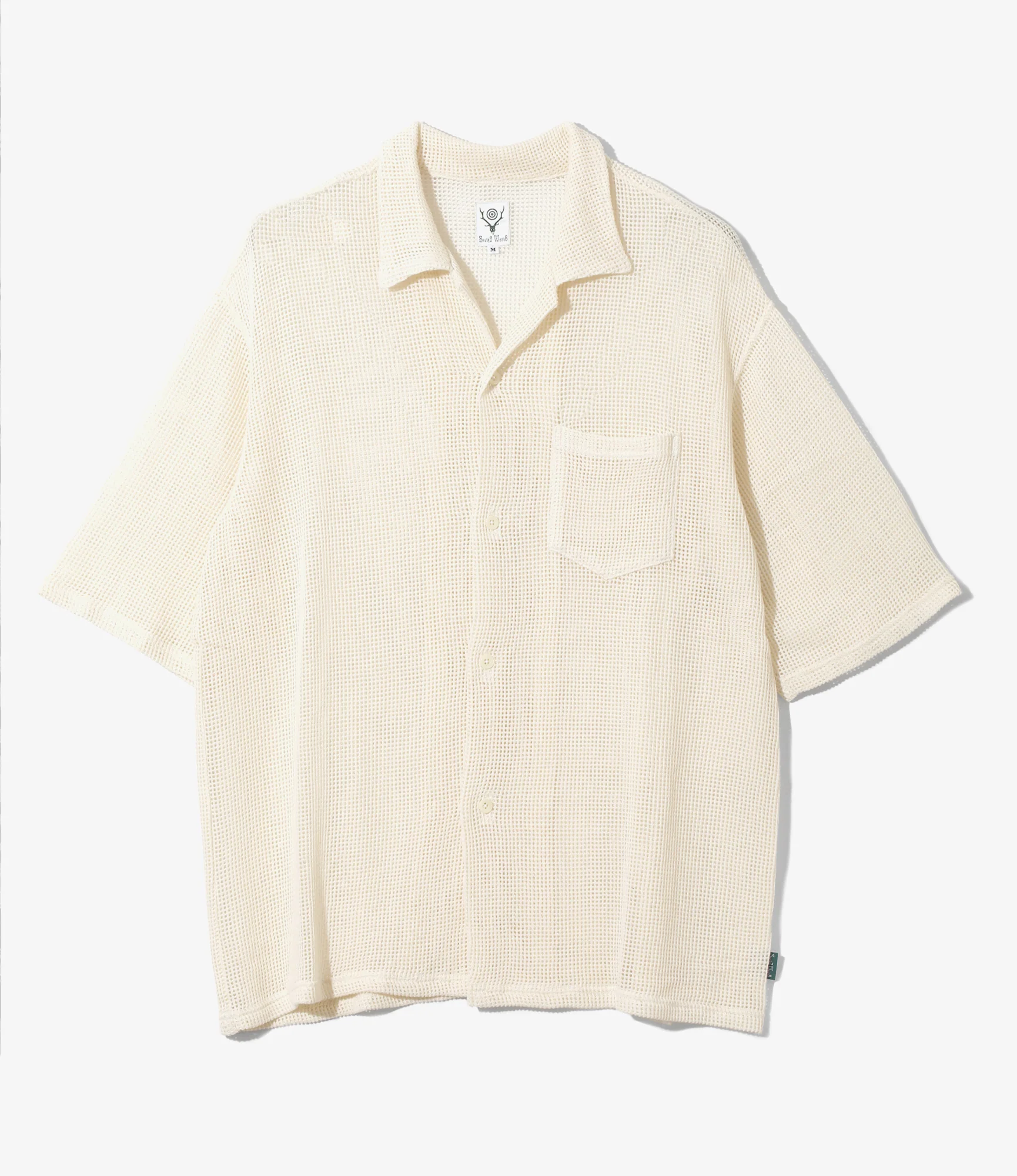 Women's S/S Open Collar Shirt - White - Cotton Mesh