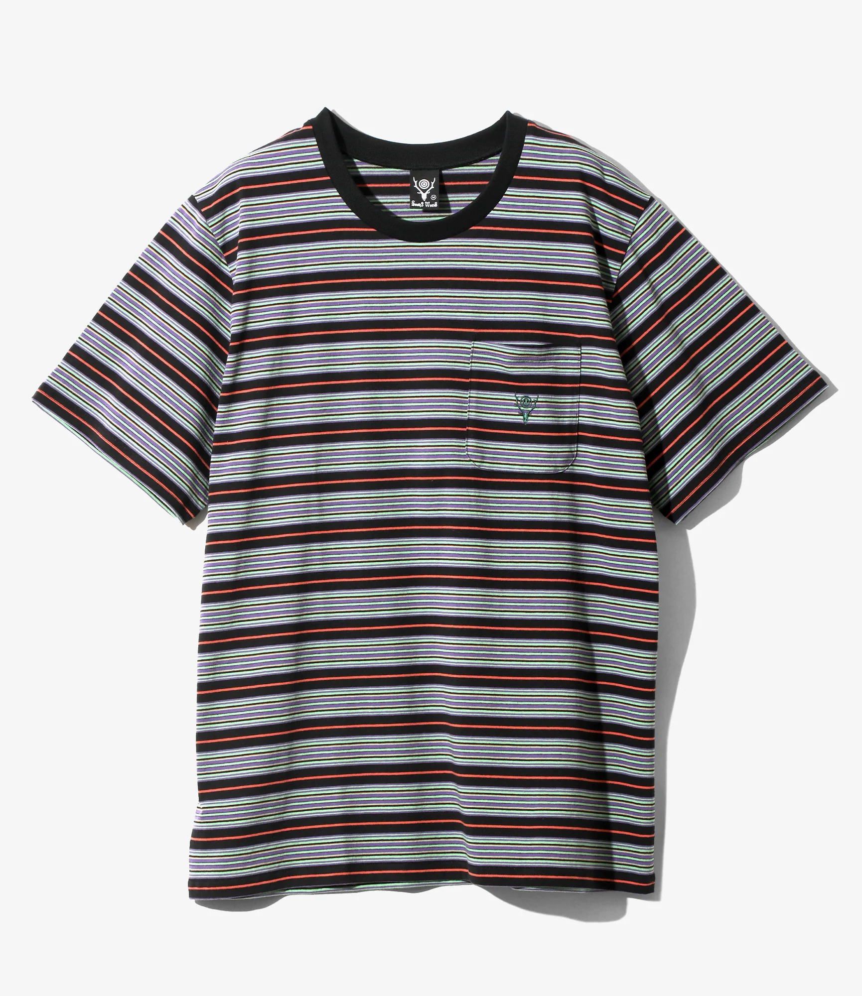 Women's S/S Round Pocket Tee - Black - Cotton Multi Wide Stripe Jersey