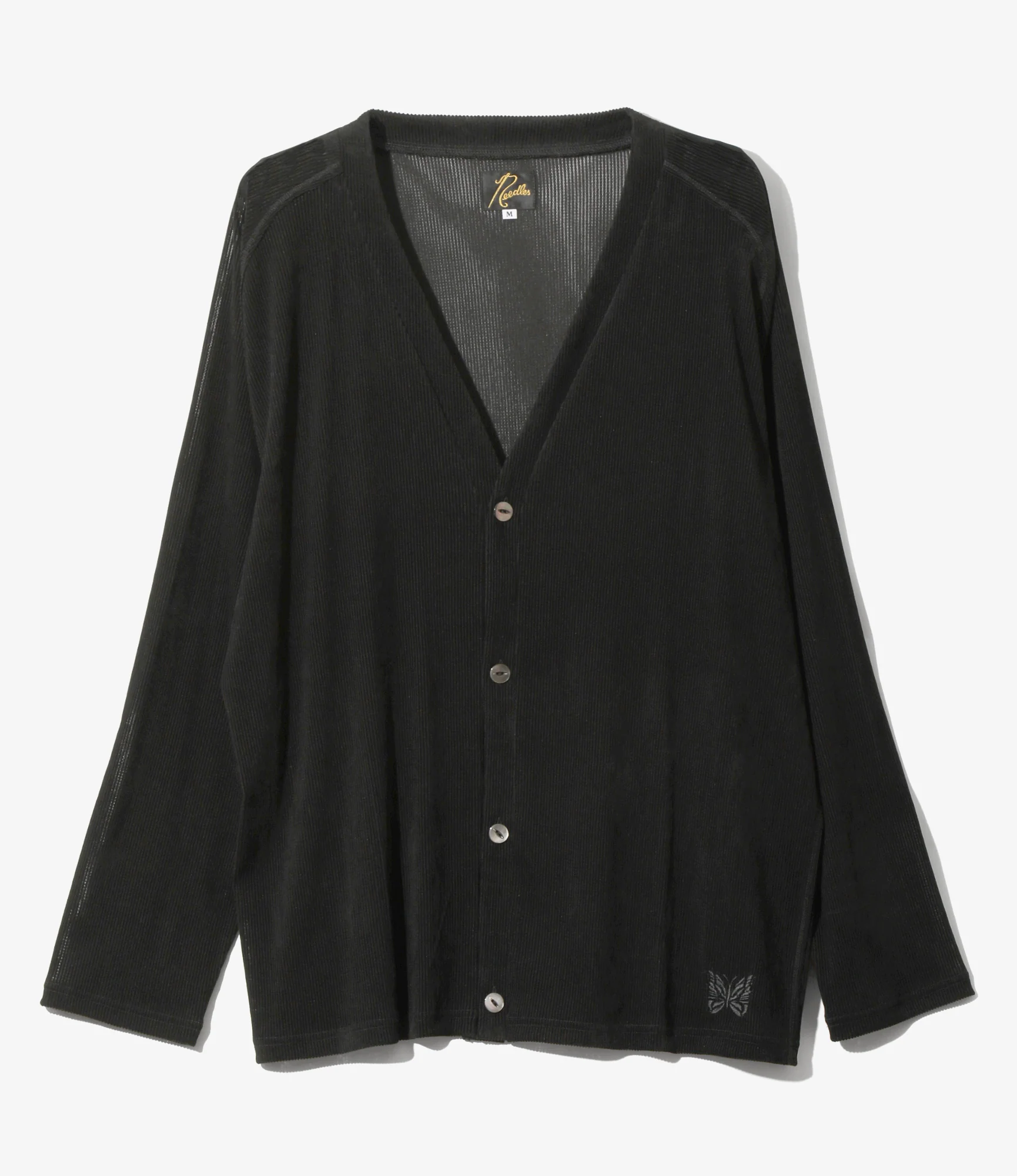 V-Neck Cardigan - Black - Flocked Stripe Lace