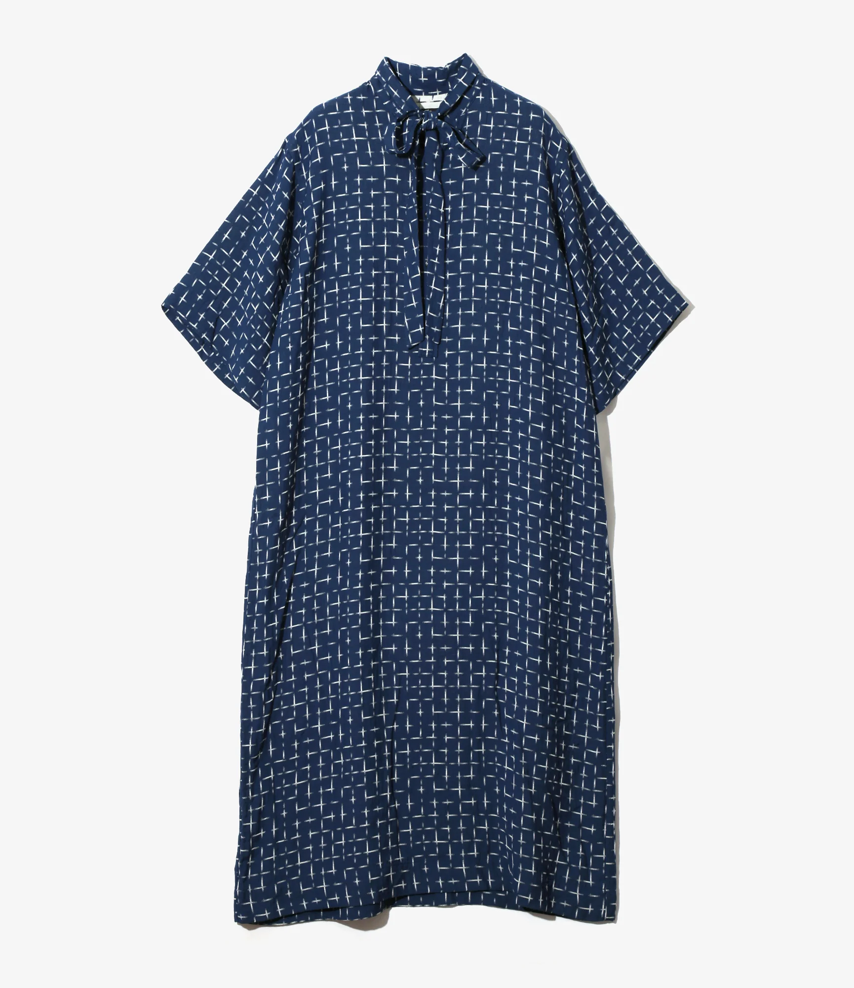 Women's Ascot Collar Shirt - Navy - Gradational Plaid